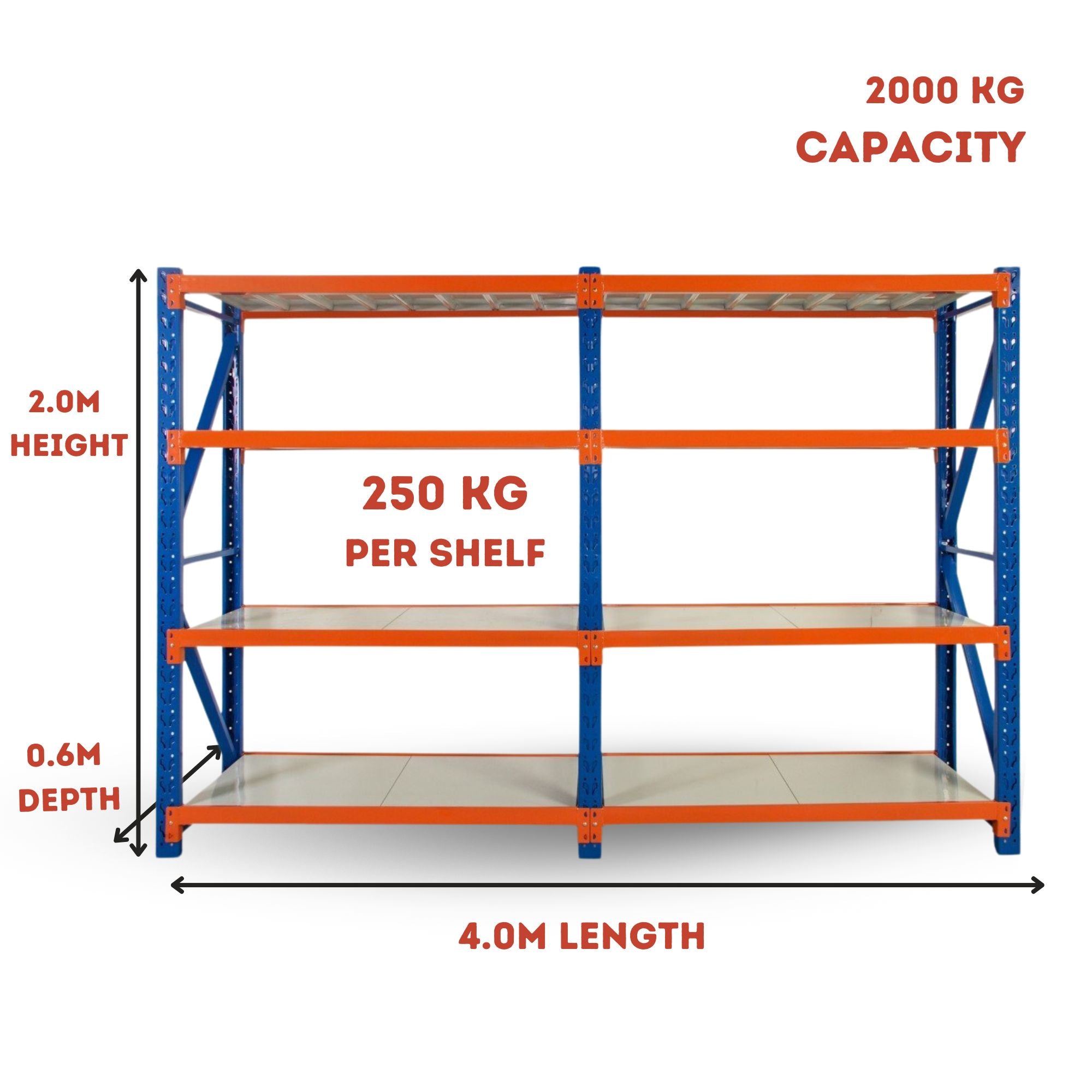 Heavy Duty Warehouse Garage Storage  H2000 x L4000 x D600mm Steel Shelving Unit - 2000kg