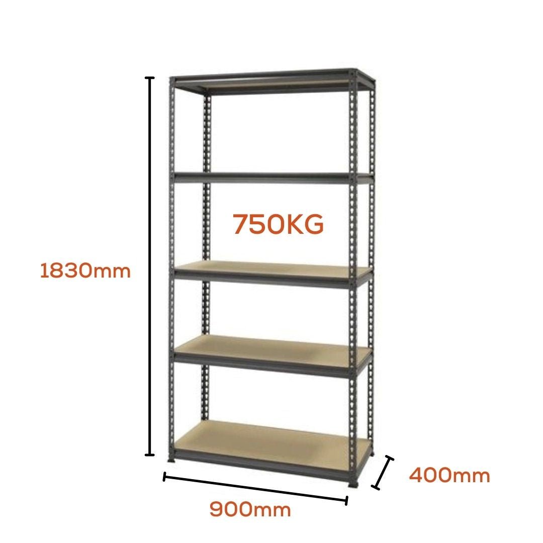 5 Tier Medium Duty Warehouse Garage Storage H1830 x L900 x D400mm Black Steel Shelving Unit - 1000kg - Tool Market