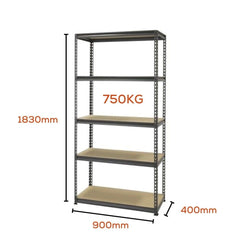 5 Tier Medium Duty Warehouse Garage Storage H1830 x L900 x D400mm Black Steel Shelving Unit - 1000kg - Tool Market