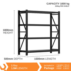 H1800 x L1500 x D500mm Range Heavy Duty Warehouse Garage Storage Steel Shelving Unit - Tool Market