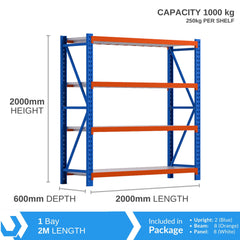 H2000 x L2000 x D600mm Range Heavy Duty Warehouse Garage Storage Steel Shelving Unit - Tool Market