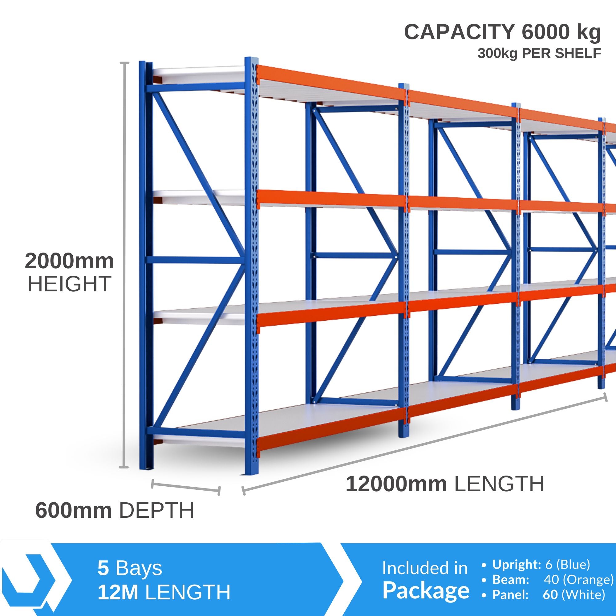 H2000 x L2400 x D600mm Range Heavy Duty Warehouse Garage Storage Steel Shelving Unit - Tool Market