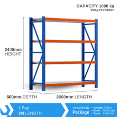 H2400 x L2000 x D600mm Range Heavy Duty Warehouse Garage Storage Steel Shelving Unit - Tool Market