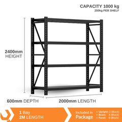 H2400 x L2000 x D600mm Range Heavy Duty Warehouse Garage Storage Steel Shelving Unit - Tool Market