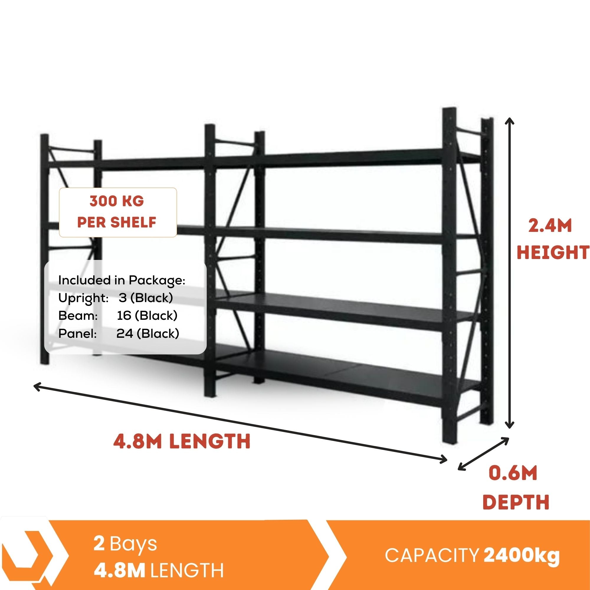 H2400 x L2400 x D600mm Range Heavy Duty Warehouse Garage Storage Steel Shelving Unit - Tool Market