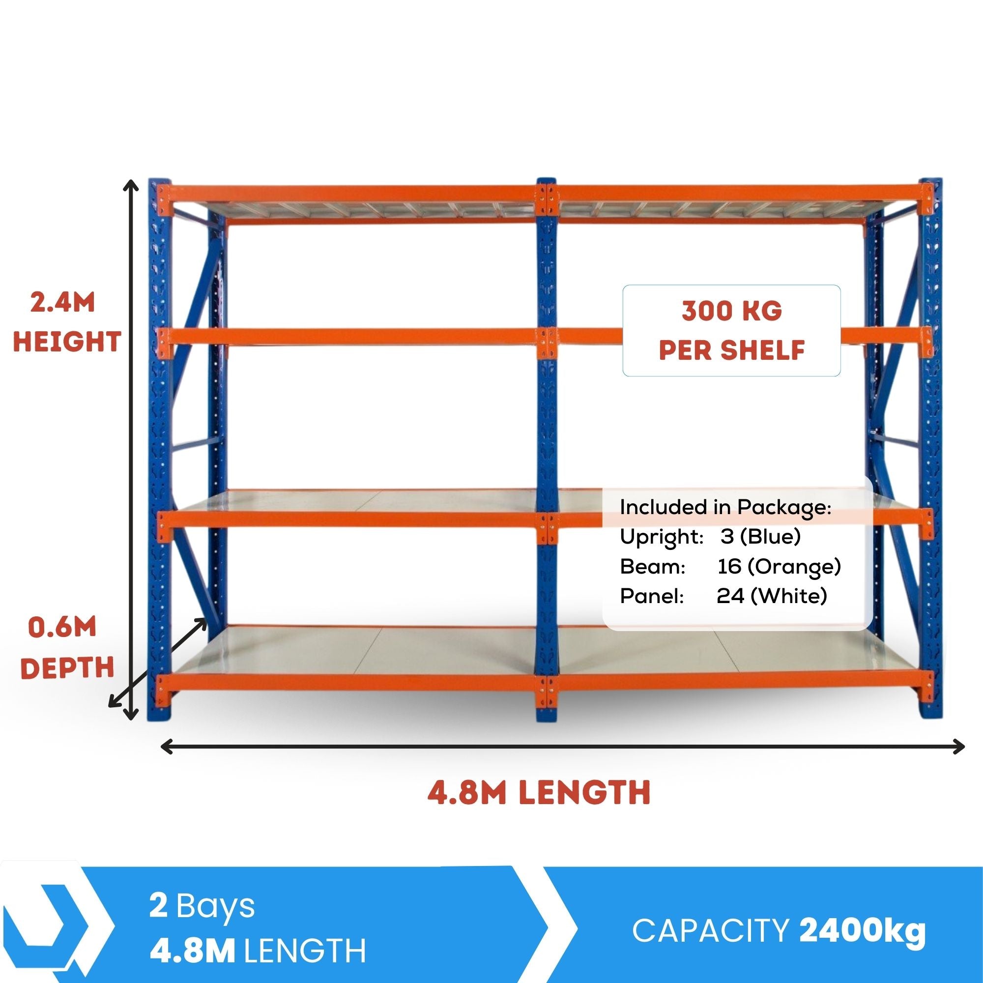 H2400 x L2400 x D600mm Range Heavy Duty Warehouse Garage Storage Steel Shelving Unit - Tool Market