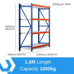 Heavy Duty Warehouse Garage Storage H1800 x L1500 x D500mm Steel Shelving Unit - 1000kg - Tool Market