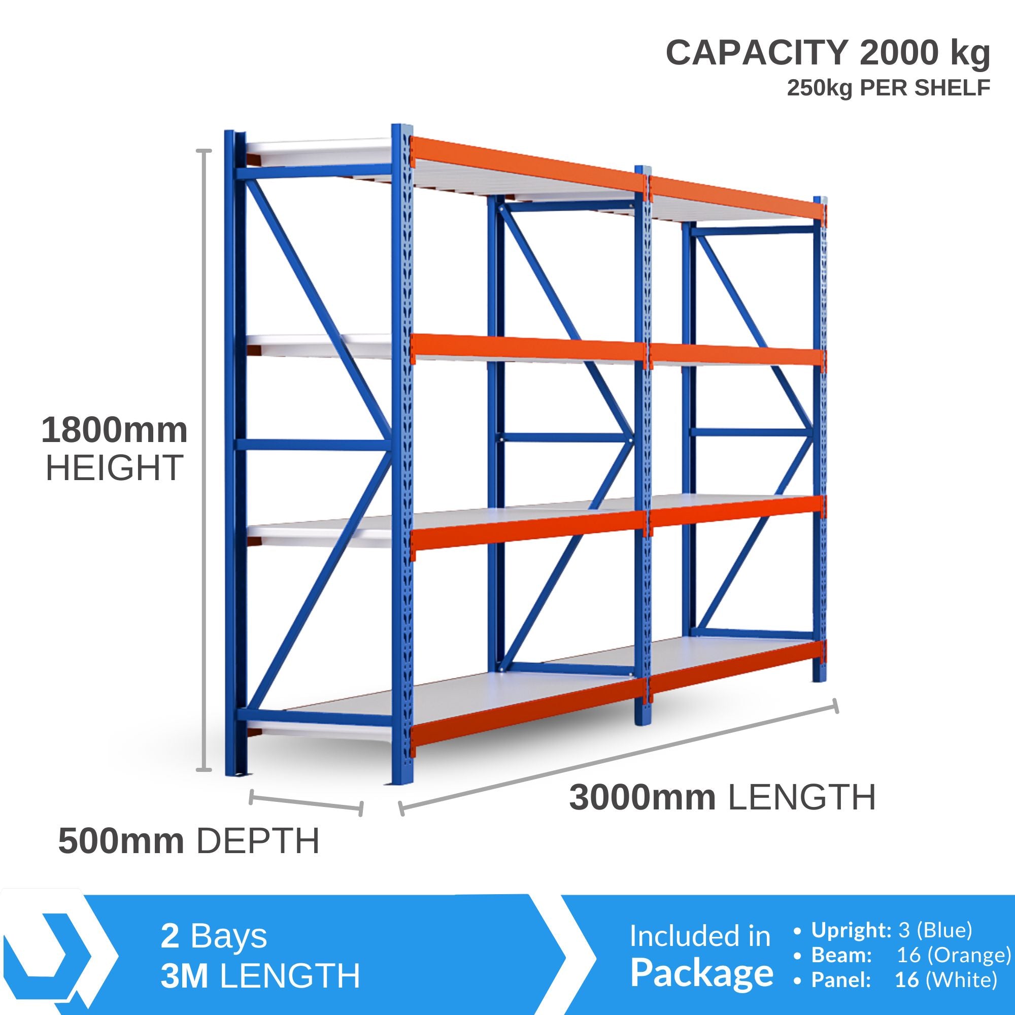 Heavy Duty Warehouse Garage Storage H1800 x L3000 x D500mm Steel Shelving Unit - 2000kg - Tool Market