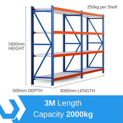 Heavy Duty Warehouse Garage Storage H1800 x L3000 x D500mm Steel Shelving Unit - 2000kg - Tool Market