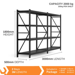 Heavy Duty Warehouse Garage Storage H1800 x L3000 x D500mm Steel Shelving Unit - 2000kg - Tool Market