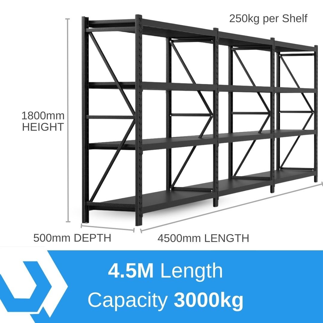 Heavy Duty Warehouse Garage Storage H1800 x L4500 x D500mm Steel Shelving Unit - 3000kg - Tool Market