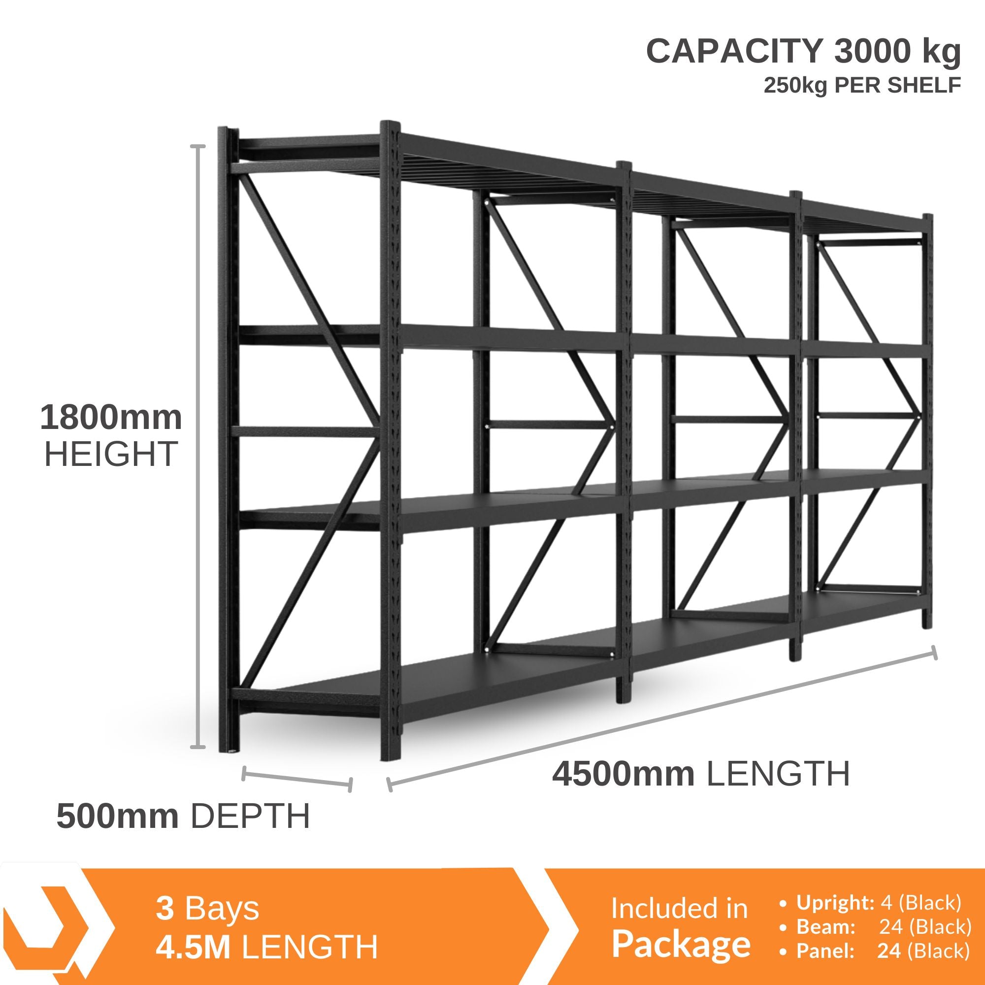 Heavy Duty Warehouse Garage Storage H1800 x L4500 x D500mm Steel Shelving Unit - 3000kg - Tool Market