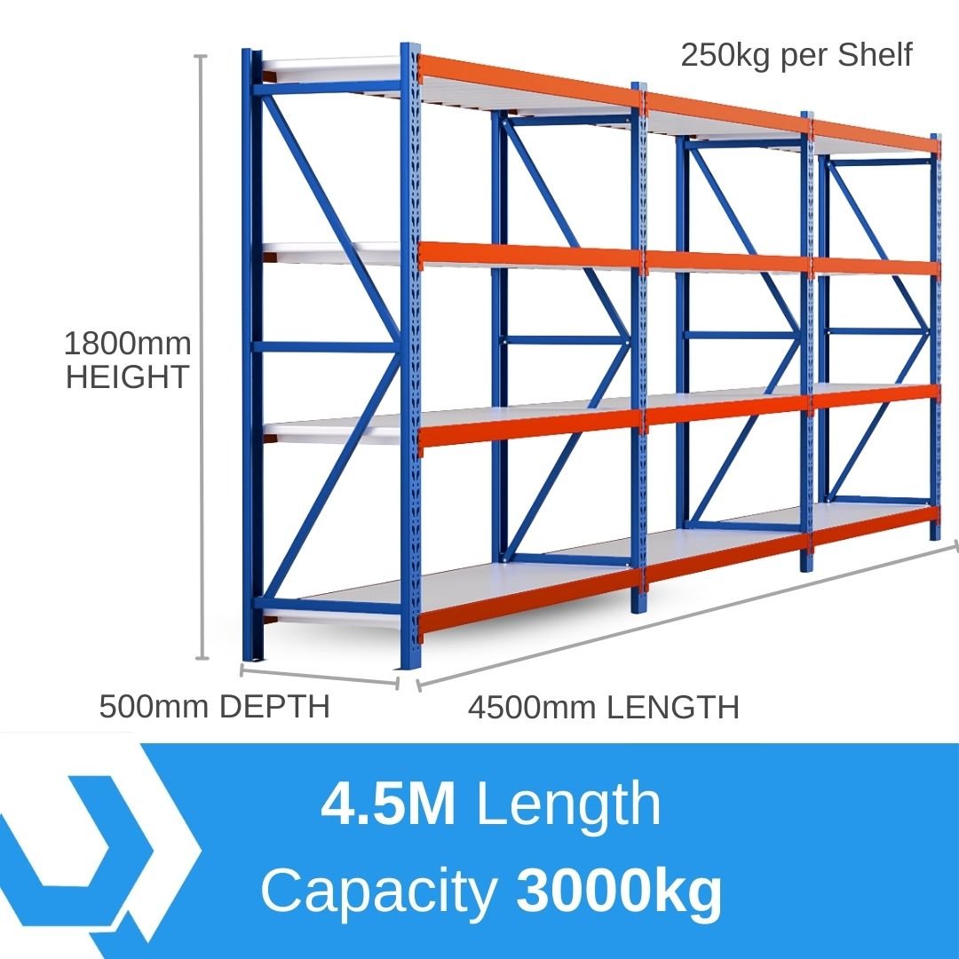 Heavy Duty Warehouse Garage Storage H1800 x L4500 x D500mm Steel Shelving Unit - 3000kg - Tool Market