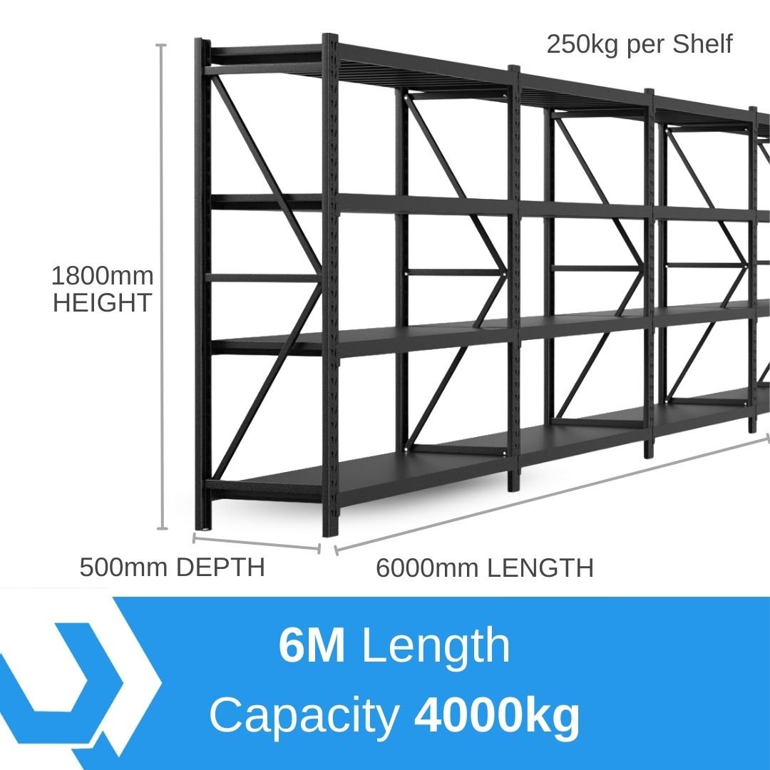 Heavy Duty Warehouse Garage Storage H1800 x L6000 x D500mm Steel Shelving Unit - 4000kg - Tool Market