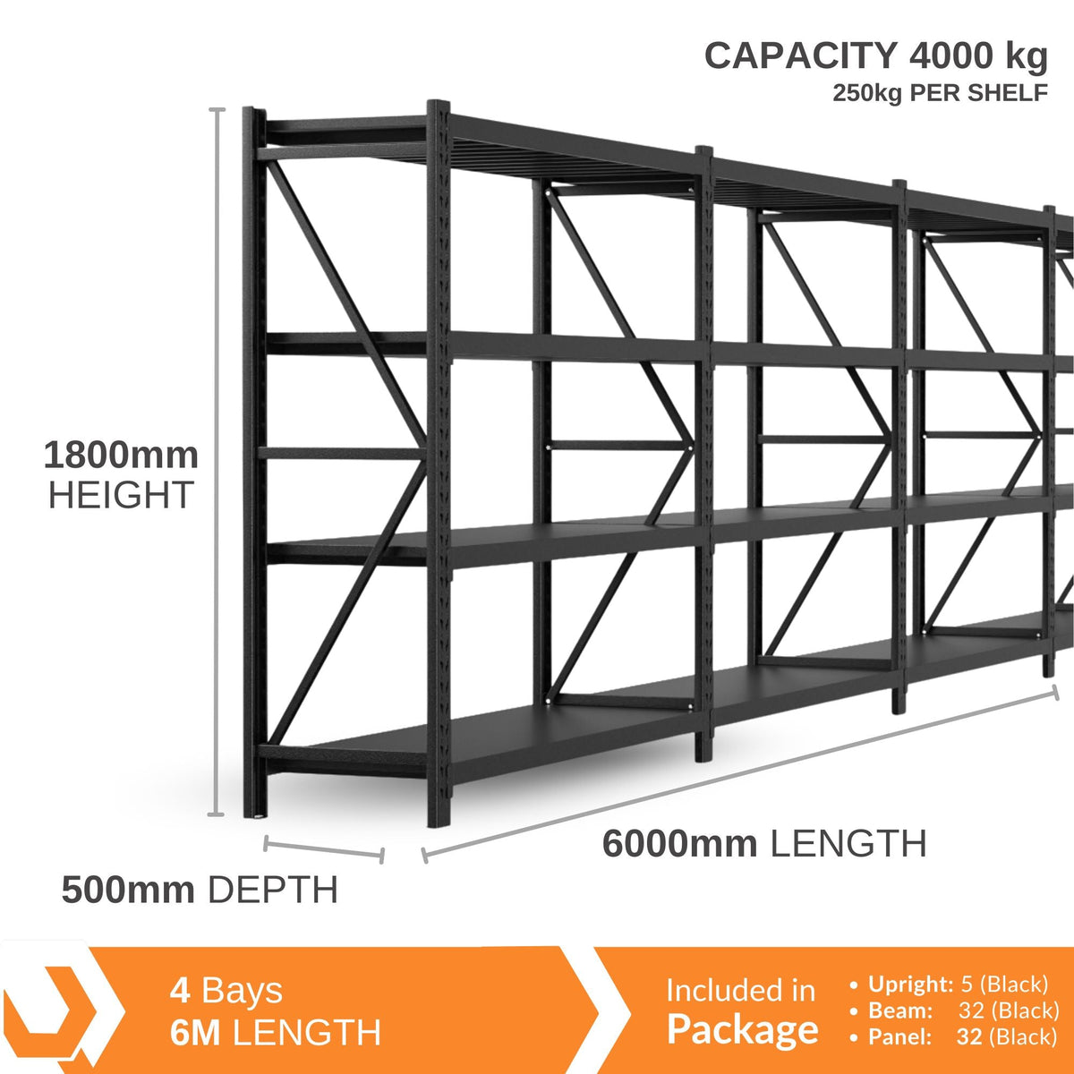 Heavy Duty Warehouse Garage Storage H1800 x L6000 x D500mm Steel Shelving Unit - 4000kg - Tool Market