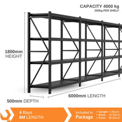 Heavy Duty Warehouse Garage Storage H1800 x L6000 x D500mm Steel Shelving Unit - 4000kg - Tool Market