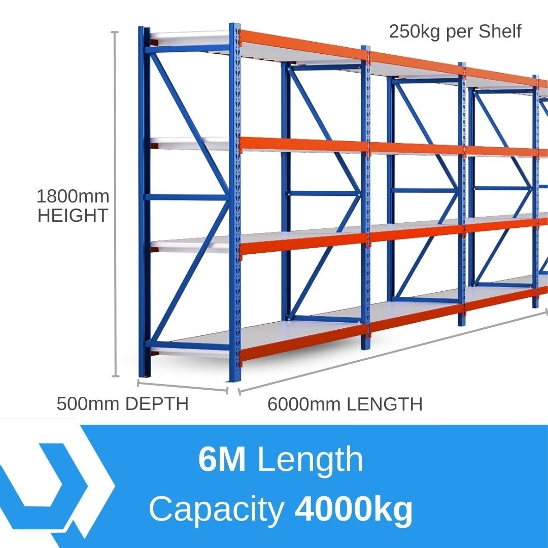 Heavy Duty Warehouse Garage Storage H1800 x L6000 x D500mm Steel Shelving Unit - 4000kg - Tool Market