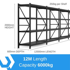 Heavy Duty Warehouse Garage Storage H2000 x L12000 x D600mm Steel Shelving Unit - 6000kg - Tool Market