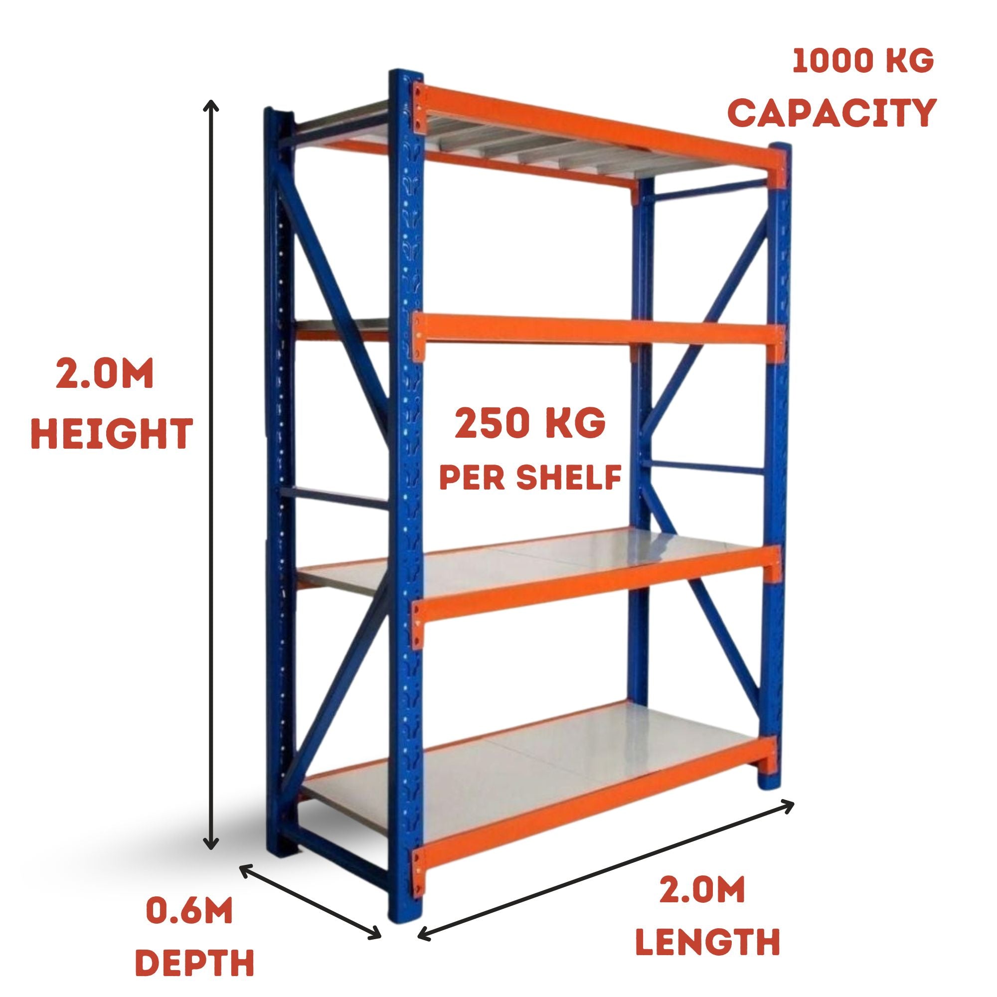 Heavy Duty Warehouse Garage Storage H2000 x L2000 x D600mm Steel Shelving Unit - 1000kg - Tool Market