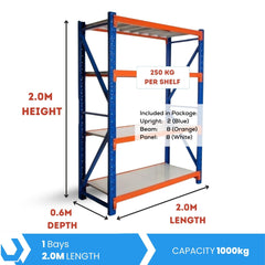 Heavy Duty Warehouse Garage Storage H2000 x L2000 x D600mm Steel Shelving Unit - 1000kg - Tool Market