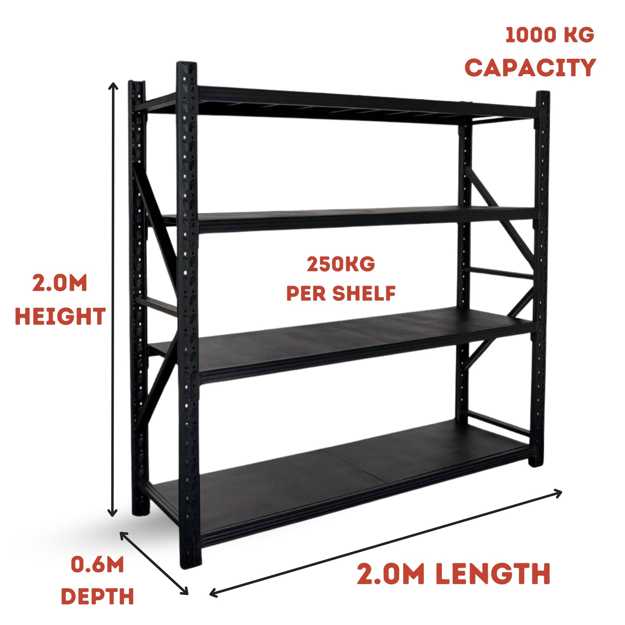 Heavy Duty Warehouse Garage Storage H2000 x L2000 x D600mm Steel Shelving Unit - 1000kg - Tool Market