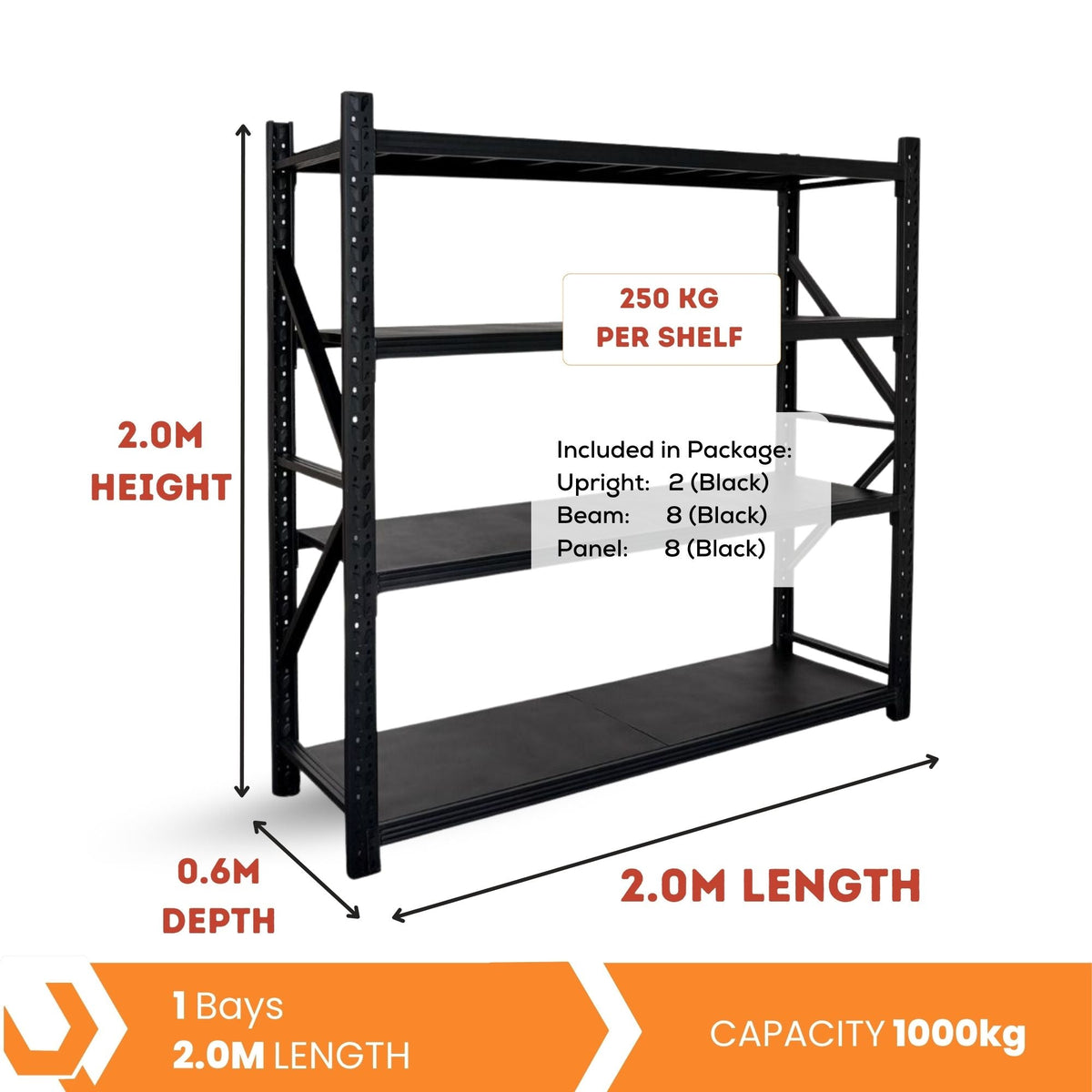 Heavy Duty Warehouse Garage Storage H2000 x L2000 x D600mm Steel Shelving Unit - 1000kg - Tool Market