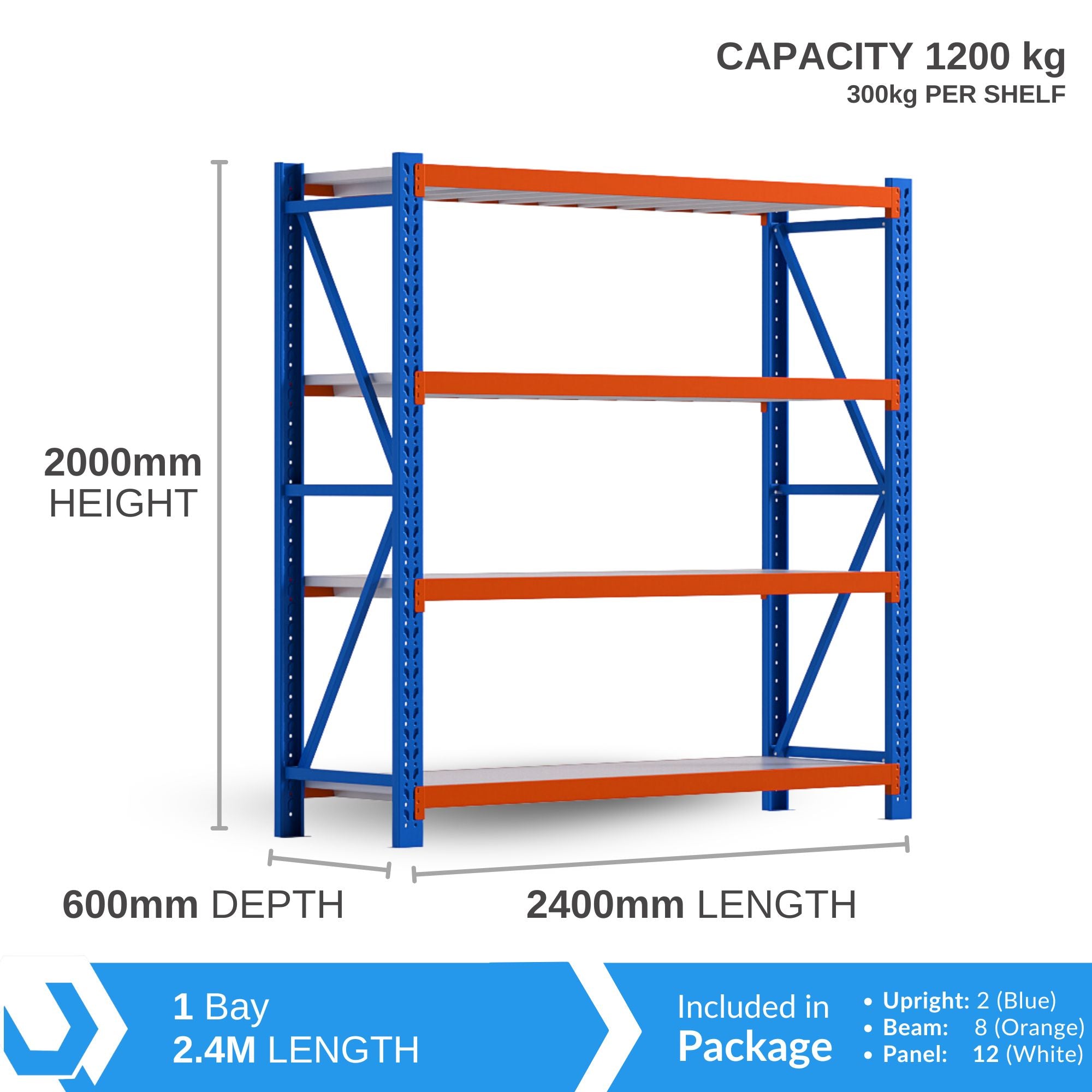 Heavy Duty Warehouse Garage Storage H2000 x L2400 x D600mm Steel Shelving Unit - 1200kg - Tool Market