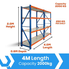 Heavy Duty Warehouse Garage Storage H2000 x L4000 x D600mm Steel Shelving Unit - 2000kg - Tool Market