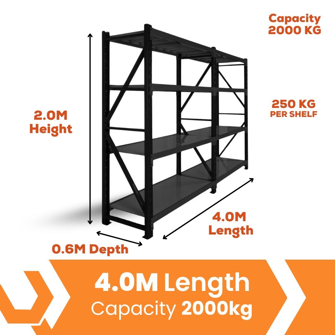 Heavy Duty Warehouse Garage Storage H2000 x L4000 x D600mm Steel Shelving Unit - 2000kg - Tool Market