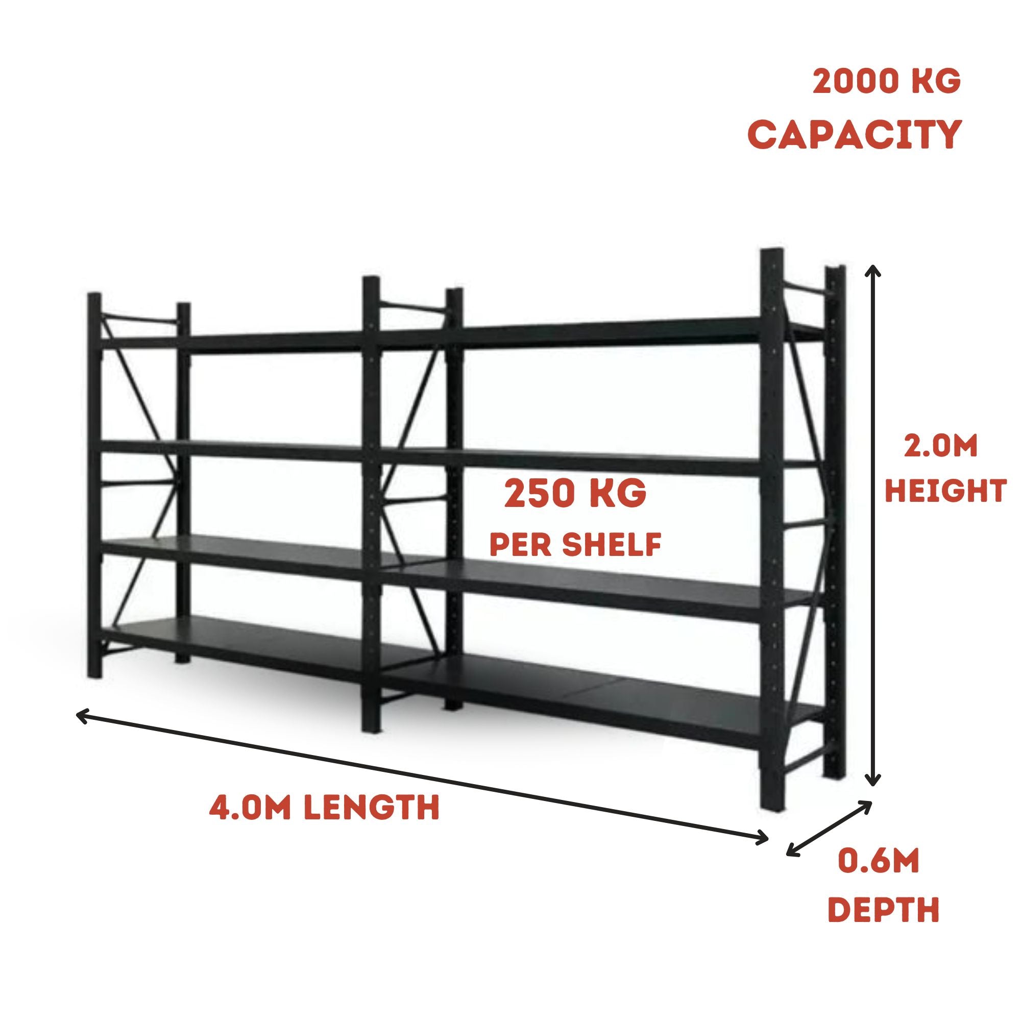 Heavy Duty Warehouse Garage Storage  H2000 x L4000 x D600mm Steel Shelving Unit - 2000kg