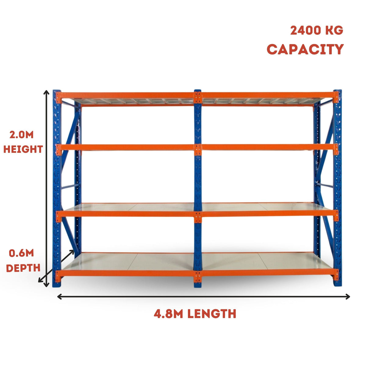 Heavy Duty Warehouse Garage Storage H2000 x L4800 x D600mm Steel Shelving Unit - 2400kg - Tool Market