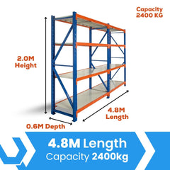 Heavy Duty Warehouse Garage Storage H2000 x L4800 x D600mm Steel Shelving Unit - 2400kg - Tool Market