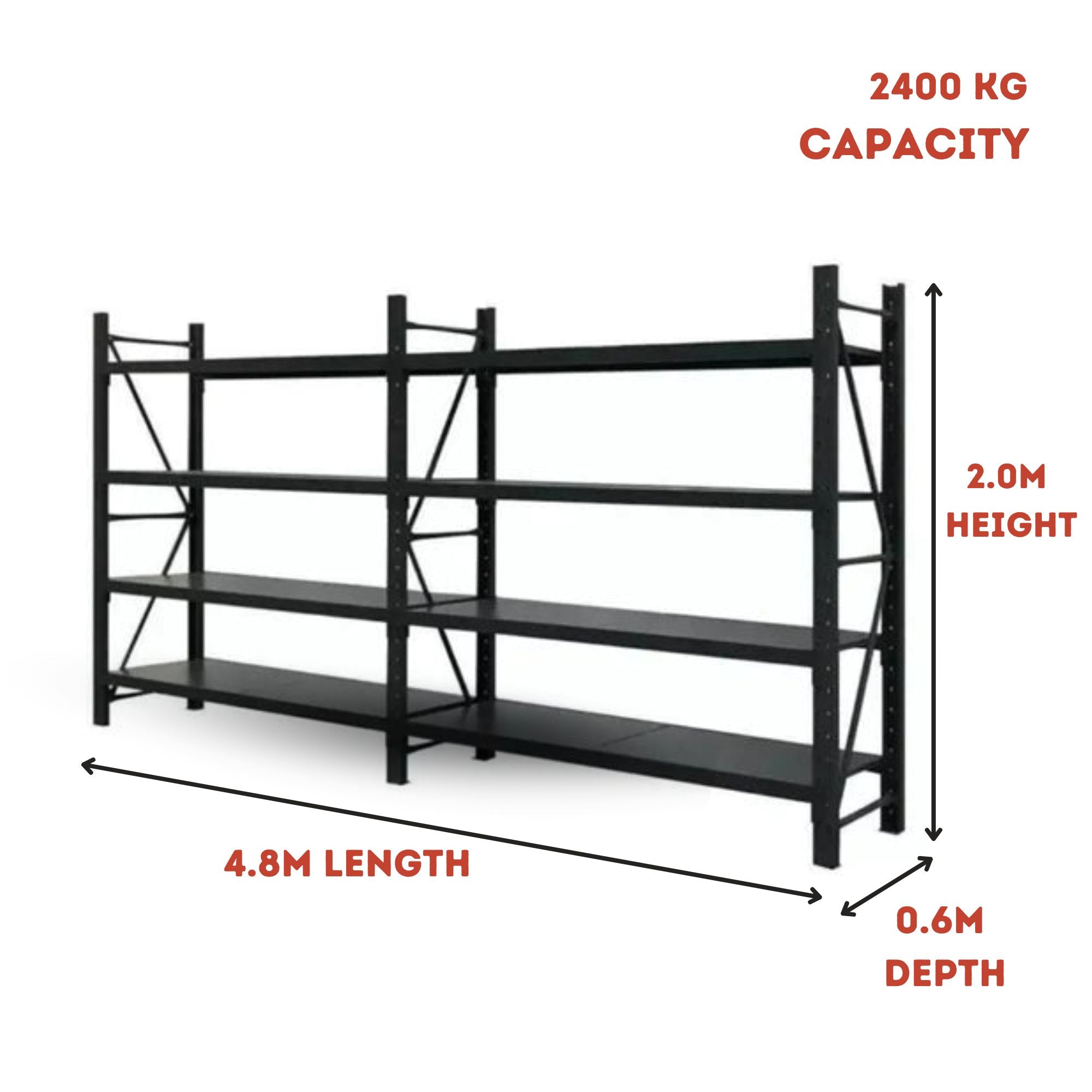 Heavy Duty Warehouse Garage Storage H2000 x L4800 x D600mm Steel Shelving Unit - 2400kg - Tool Market