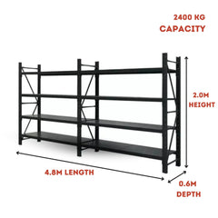 Heavy Duty Warehouse Garage Storage H2000 x L4800 x D600mm Steel Shelving Unit - 2400kg - Tool Market