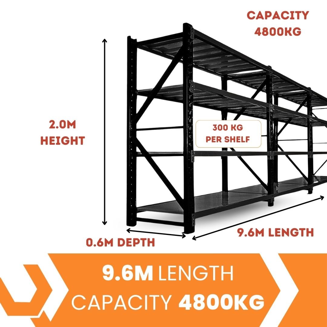 Heavy Duty Warehouse Garage Storage H2000 x L9600 x D600mm Steel Shelving Unit - 4800kg - Tool Market