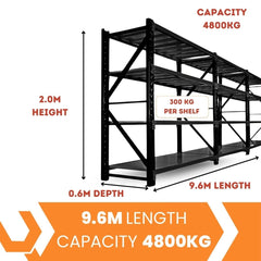 Heavy Duty Warehouse Garage Storage H2000 x L9600 x D600mm Steel Shelving Unit - 4800kg - Tool Market