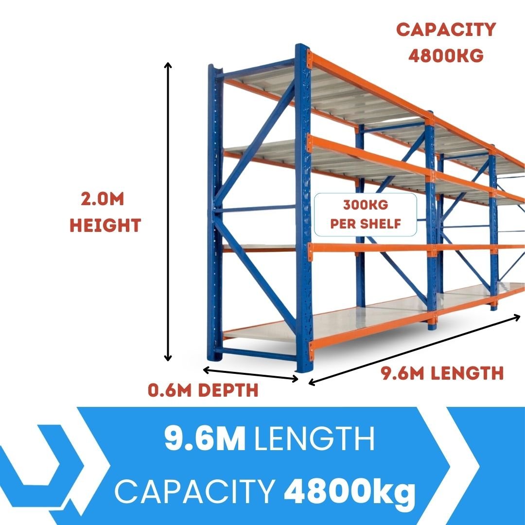 Heavy Duty Warehouse Garage Storage H2000 x L9600 x D600mm Steel Shelving Unit - 4800kg - Tool Market