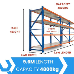 Heavy Duty Warehouse Garage Storage H2000 x L9600 x D600mm Steel Shelving Unit - 4800kg - Tool Market