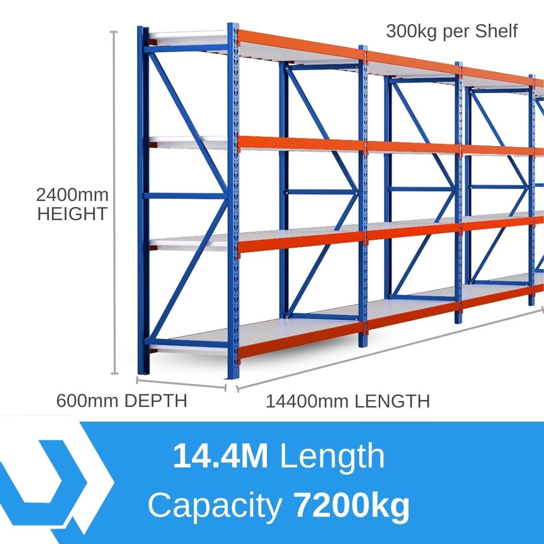 Heavy Duty Warehouse Garage Storage H2400 x L14400 x D600mm Steel Shelving Unit - 7200kg - Tool Market