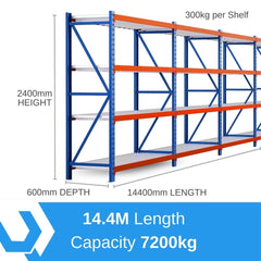 Heavy Duty Warehouse Garage Storage H2400 x L14400 x D600mm Steel Shelving Unit - 7200kg - Tool Market