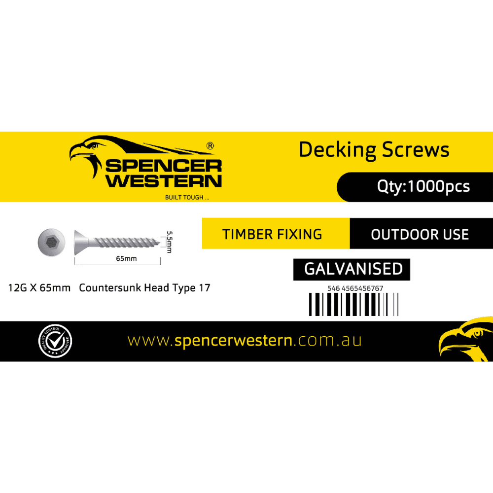 Spencer Western 10gx50mm Galvanised Decking Screw 1000Pcs & 2 Drive Bit - Tool Market