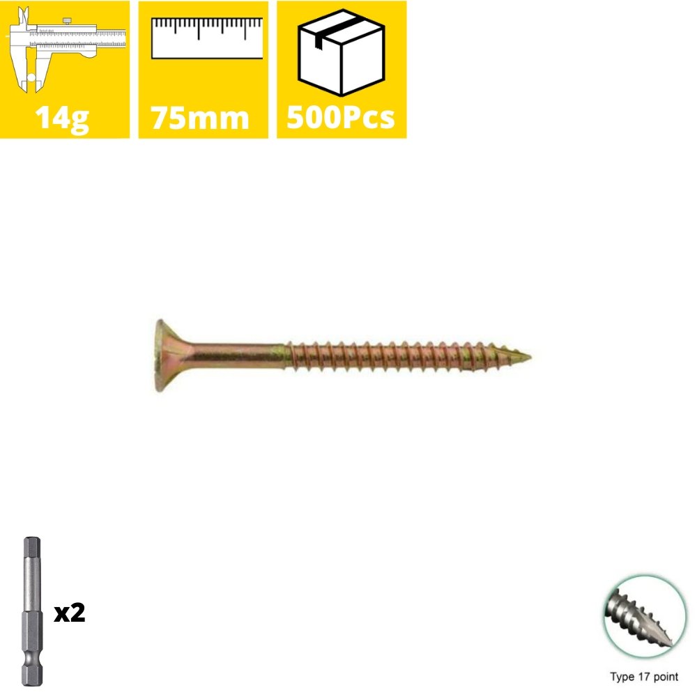 Spencer Western 14gx75mm Bugle Batten Hex Head Zinc Plated Screws 500Pcs/box + 2 Drive Bits - Tool Market