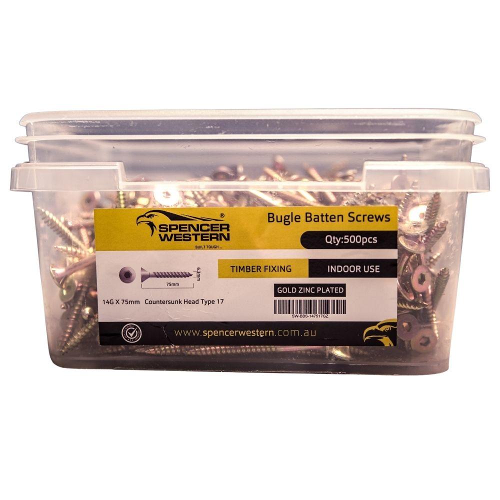 Spencer Western 14gx75mm Bugle Batten Hex Head Zinc Plated Screws 500Pcs/box + 2 Drive Bits - Tool Market